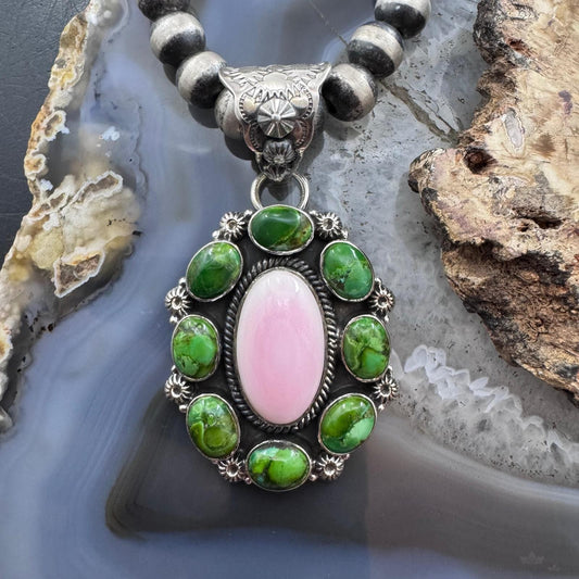 Native American Sterling Silver Sonora Gold Turquoise & Pink Conch Cluster Pendant For Women
