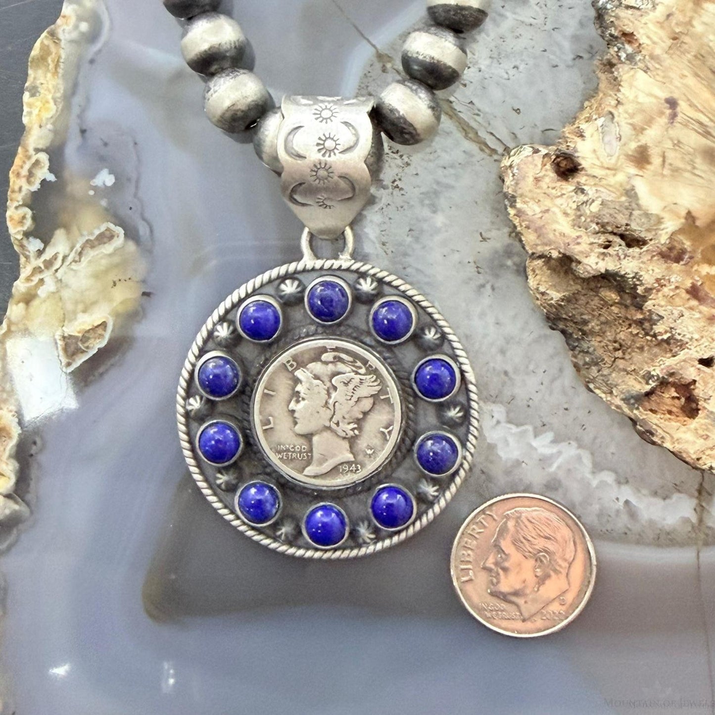 Genuine 1943 90% Silver Mercury Dime Coin w/Lapis Decorated Unisex Pendant #1