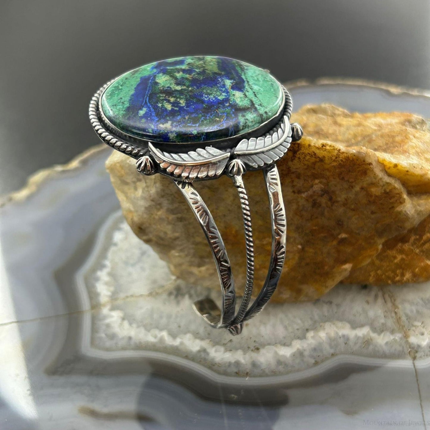 Sterling Silver Southwestern Style Oval Azurite Decorated Bracelet For Women