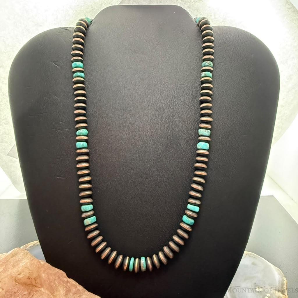 Southwestern Style Copper 7mm Navajo Pearl Saucer & Turquoise 18"-20" Necklace For Women
