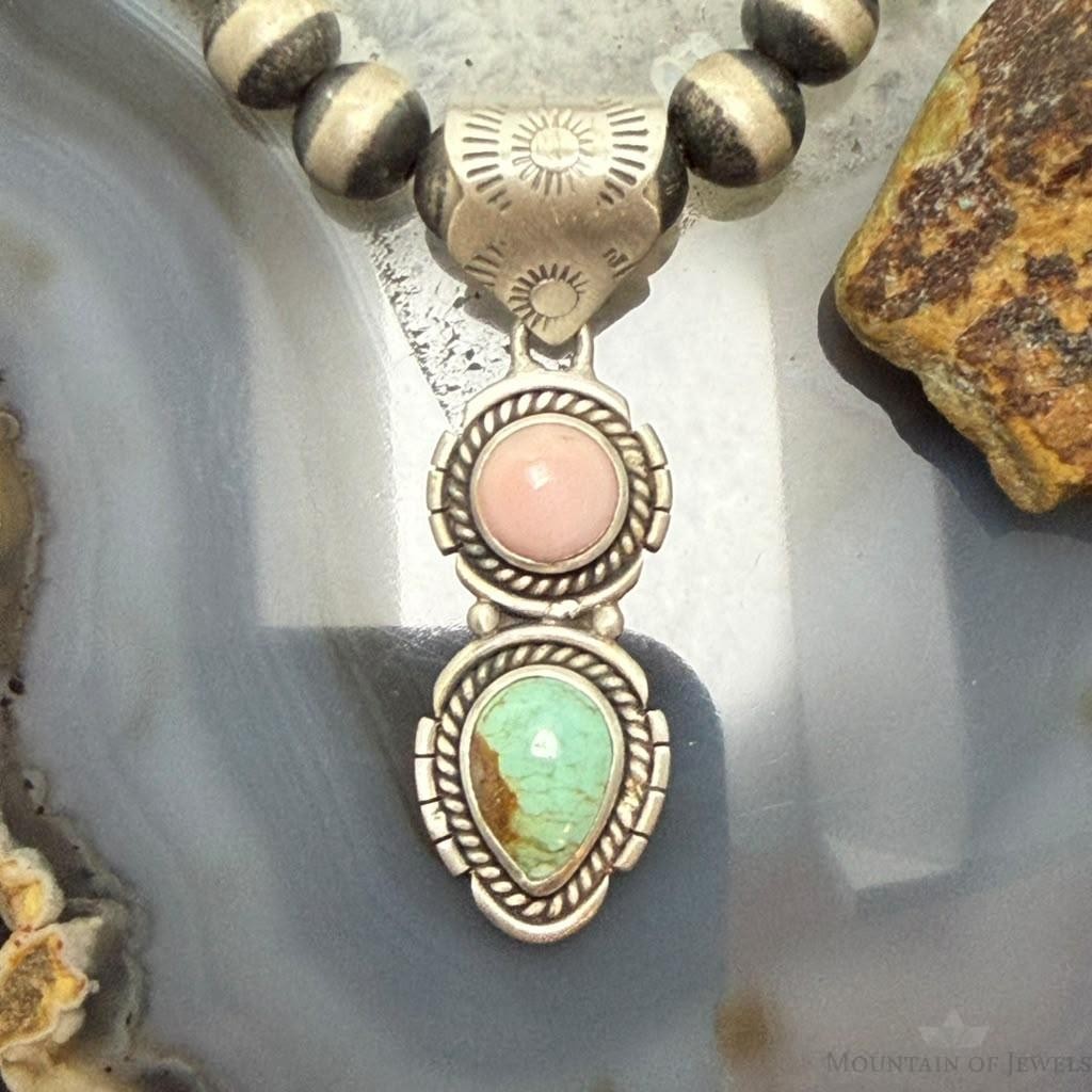 Sterling Silver Southwestern Style Pink Conch & Turquoise Pendant For Women