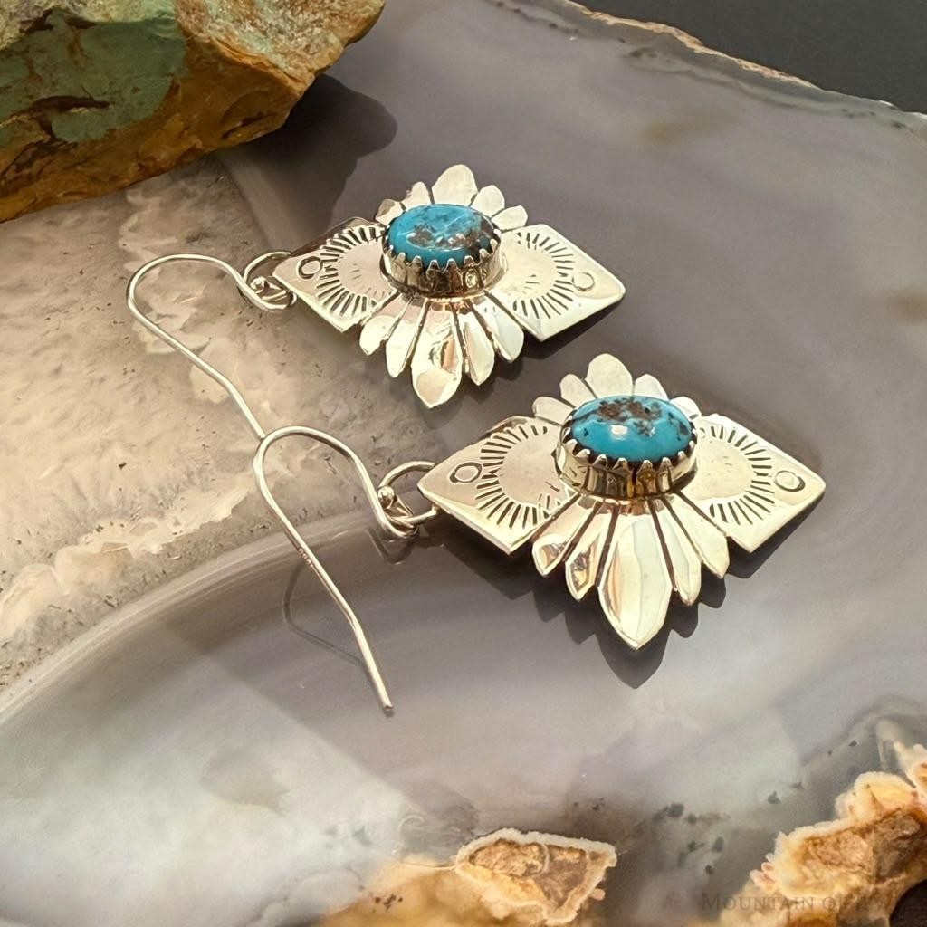 Michael Nez Navajo Sterling Silver Turquoise Pueblo Life Dangle Earrings For Women
