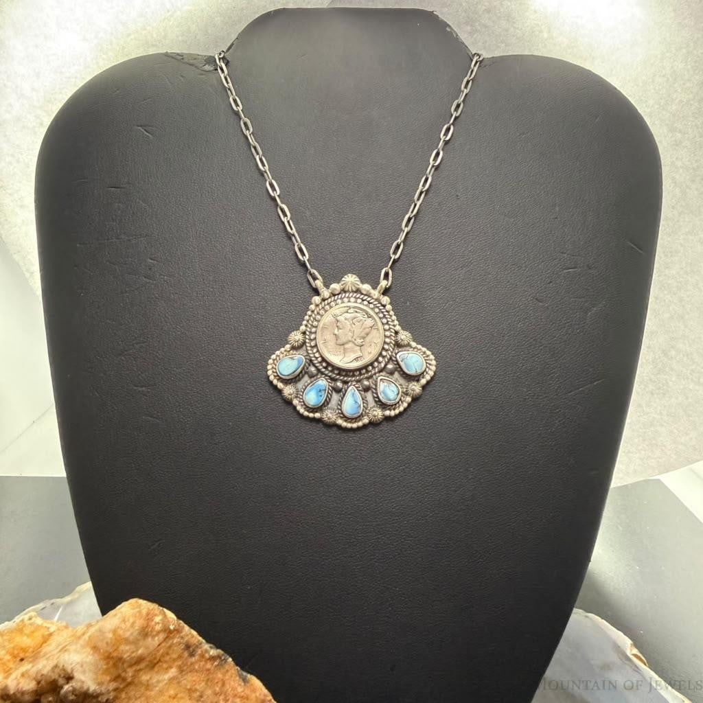 Sterling Silver Southwestern Style 1942 Mercury Dime & Golden Hill Turquoise Necklace For Women