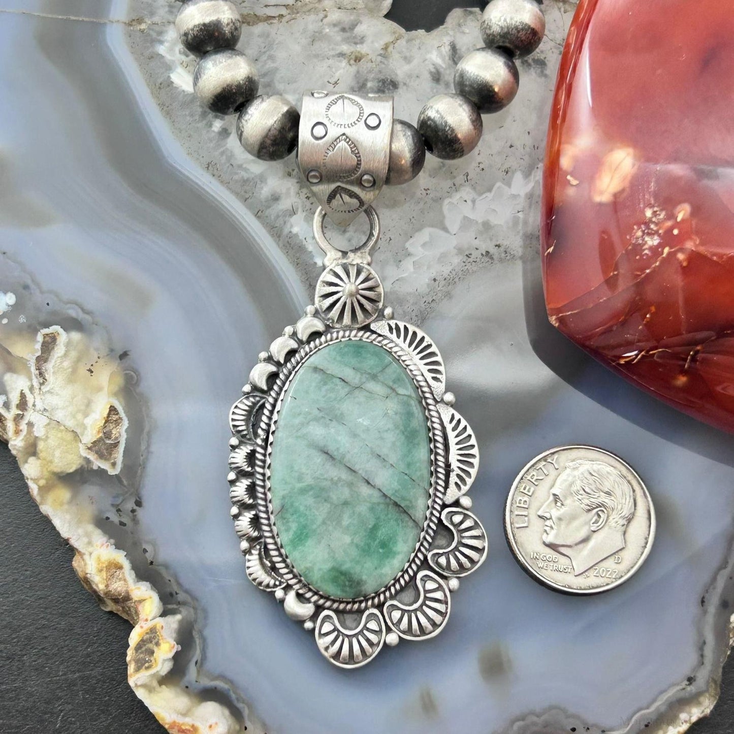 Sterling Silver Southwestern Style Oval Emerald Decorated Pendant For Women