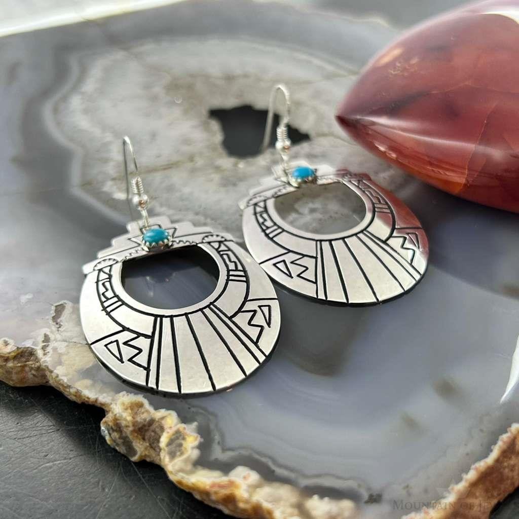Tommy & Rosita Singer Sterling Silver Dot Turquoise Engraved Dangle Earrings For Women
