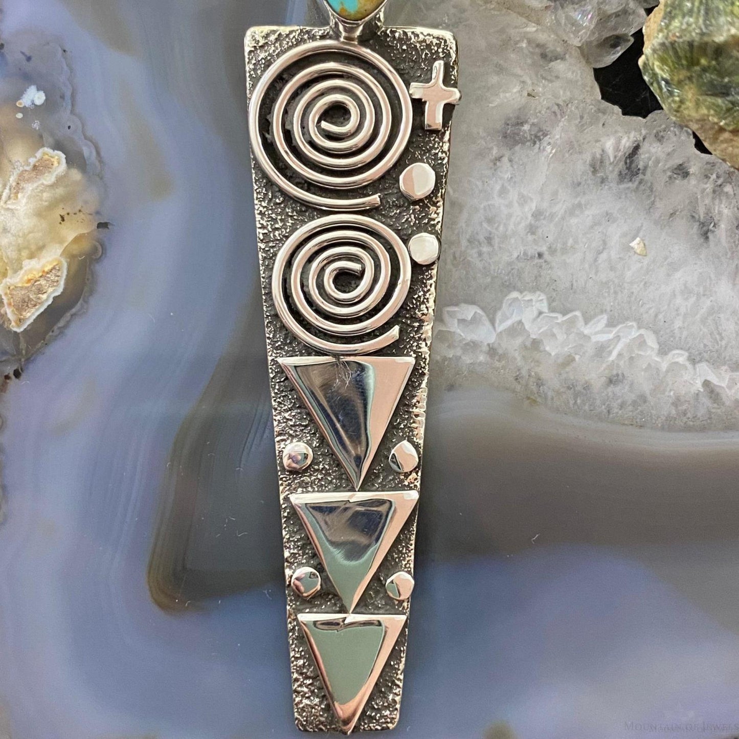 Alex Sanchez Native American Sterling Silver Turquoise Petroglyph Long Unisex Pendant