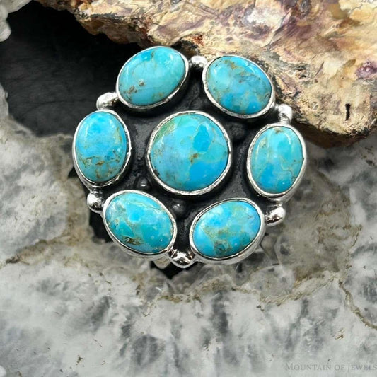 Sterling Silver Southwestern Style Mohave Turquoise Cluster Ring Size 7.5 For Women