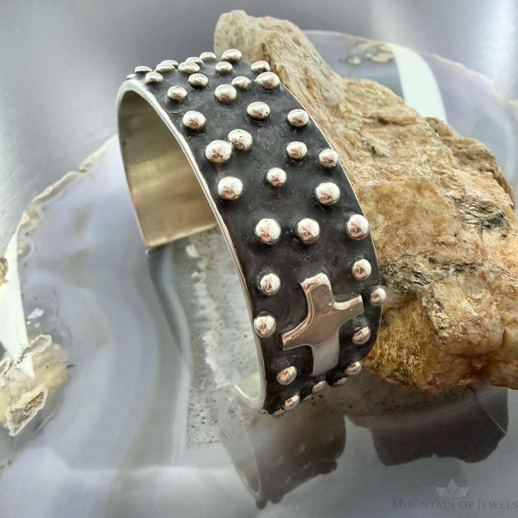 Signed Native American Sterling Balls and Crosses Oxidized Bracelet For Women