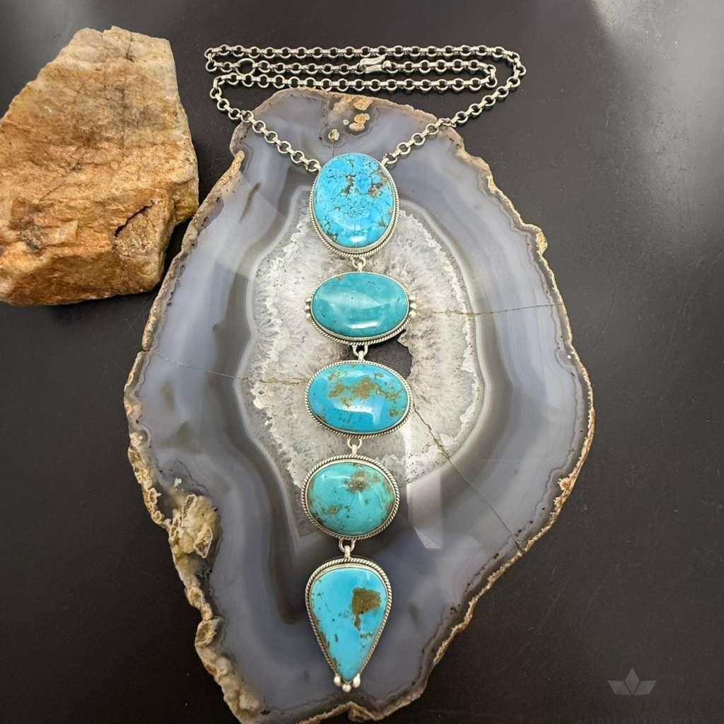 Sterling Silver Southwestern Style Kingman Turquoise 33" Necklace For Women #1