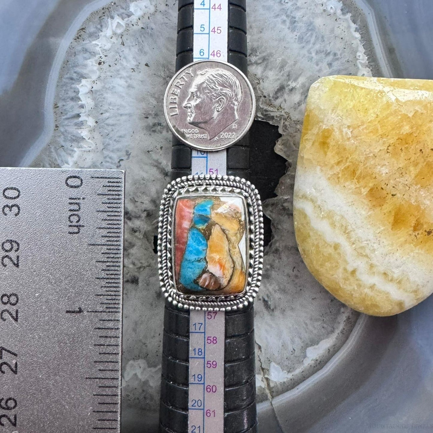 Sterling Silver Southwestern Style Rectangle Composite Spiny Oyster Turquoise Ring 6.75 For Women