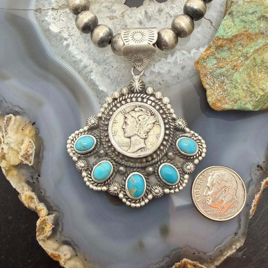 Sterling Silver Southwestern Style 1936 Mercury Dime & Kingman Turquoise Pendant