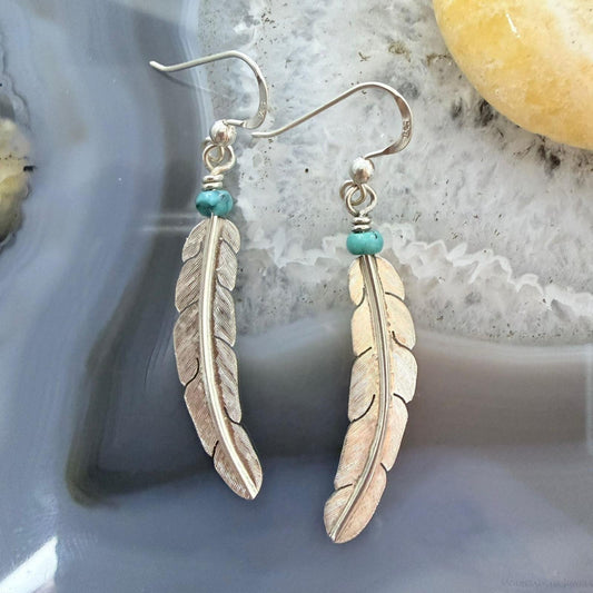 Anthony Gatewood Sterling Silver & Turquoise Bead Feather Dangle Earrings For Women