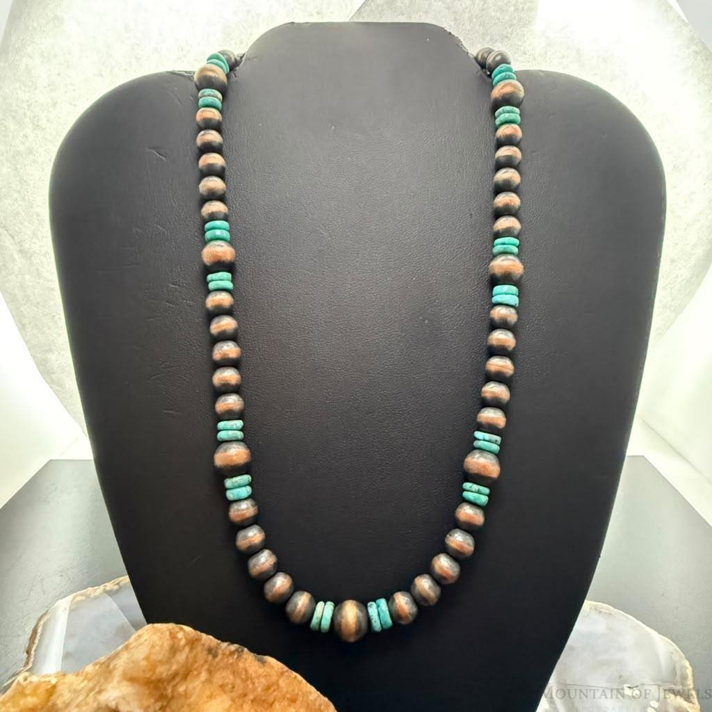 Southwestern Style Copper 8-10mm Navajo Pearl Beades &Turquoise Disk Necklace For Women