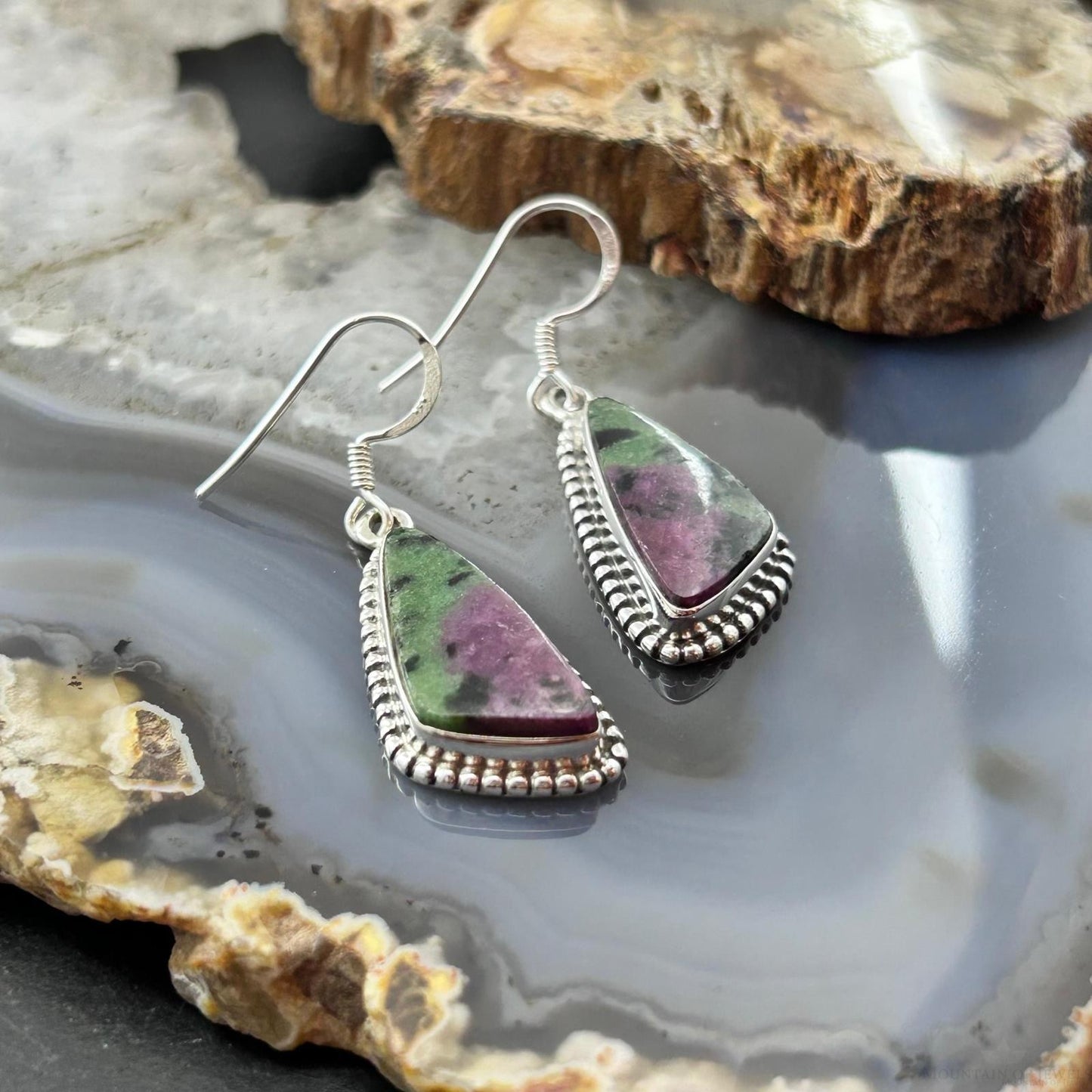 Sterling Silver Southwestern Style Triangular Ruby Zoisite Dangle Earrings For Women