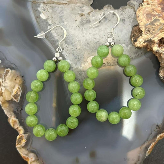 Sterling Silver 15 Rounded Peridot Beads Hoop Dangle Earrings For Women