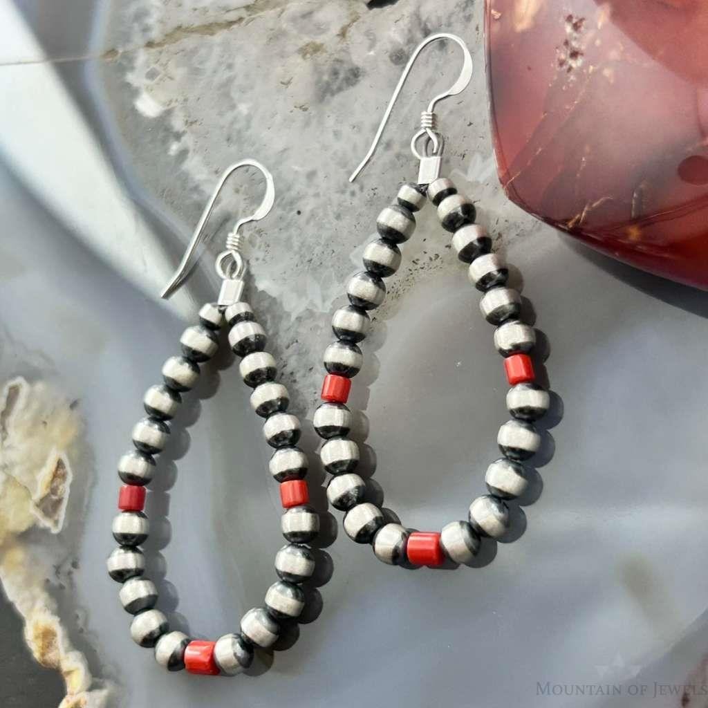 Navajo Pearl Beads 4mm and Coral Sterling Silver Hoop Dangle Earrings For Women