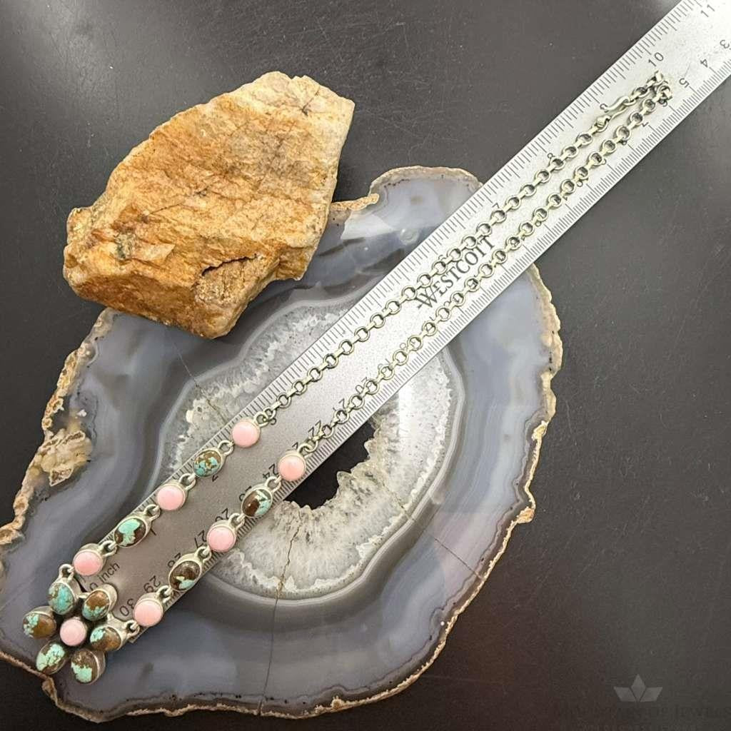 Sterling Silver Southwestern Style Turquoise &Pink Conch 20" Cluster Necklace For Women