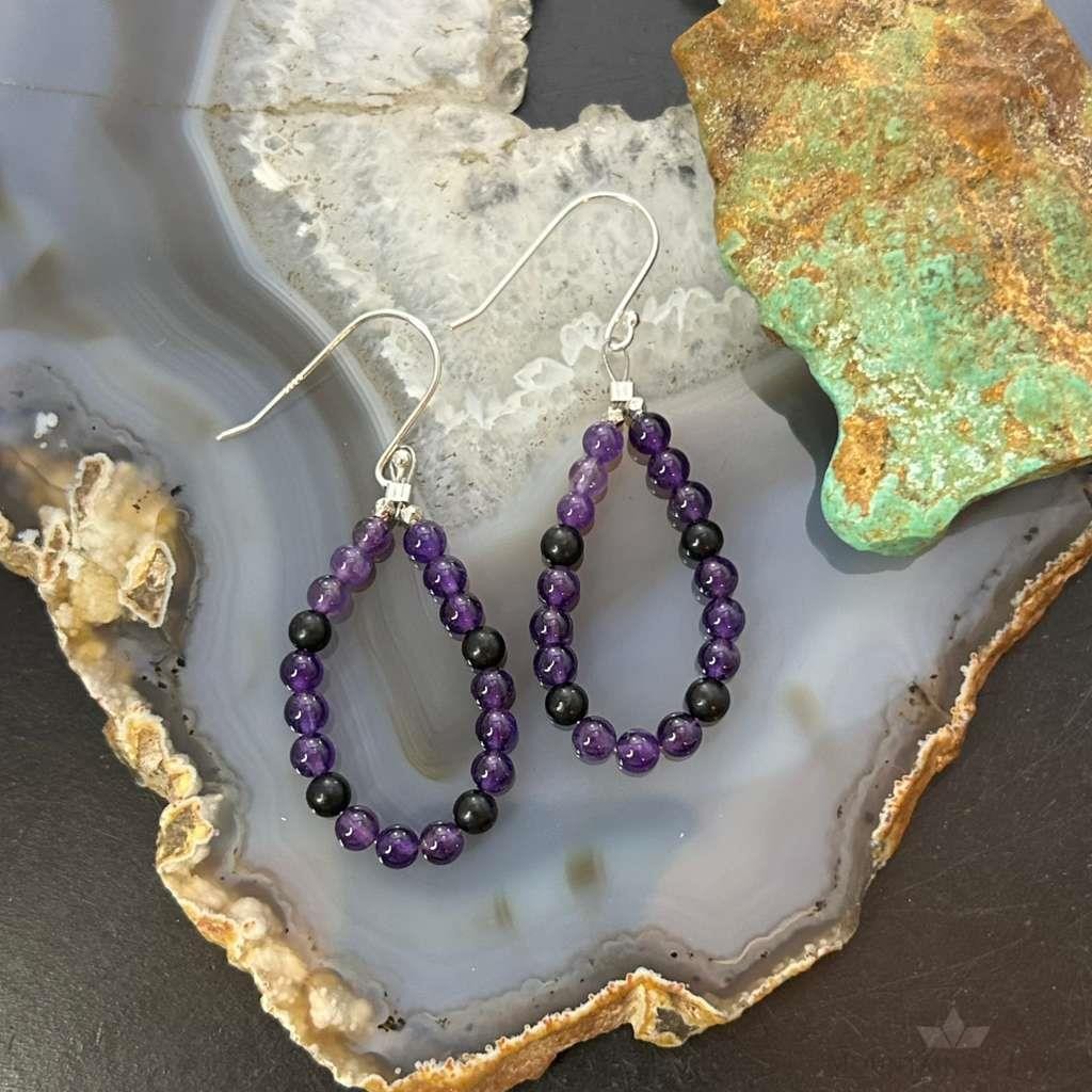 Sterling Silver Amethyst Beads Hoop Dangle Earrings For Women