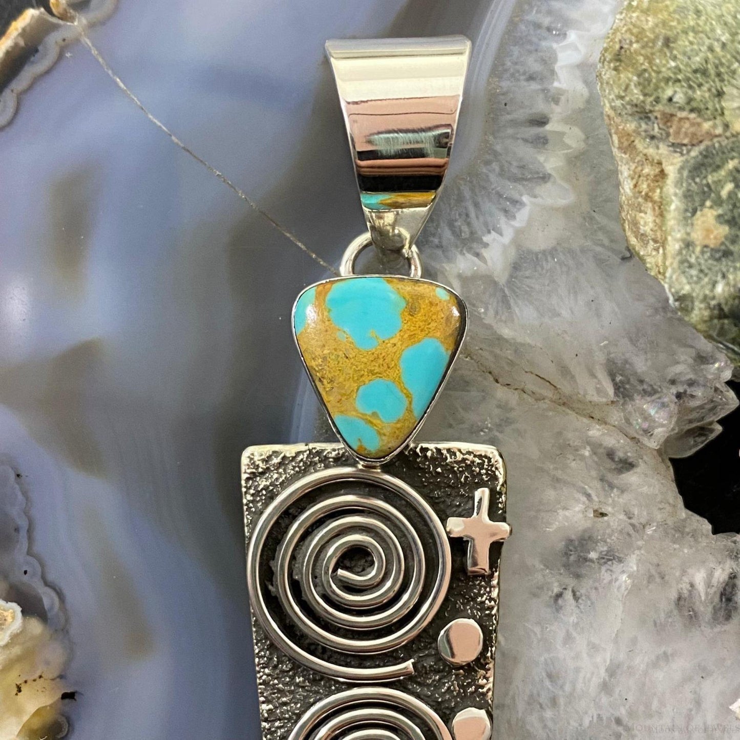 Alex Sanchez Native American Sterling Silver Turquoise Petroglyph Long Unisex Pendant