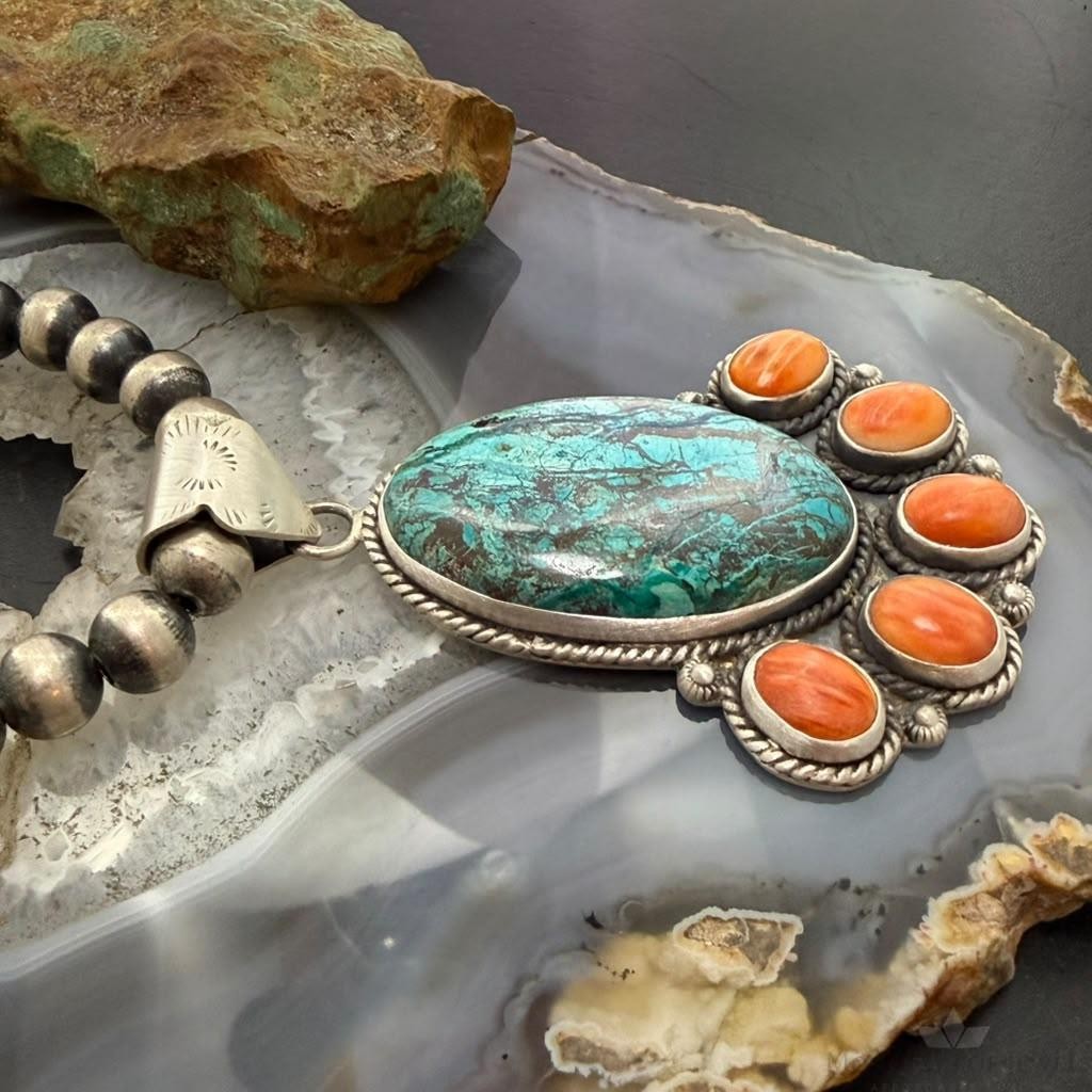 Sterling Silver Southwestern Style Azurite Malachite & Spiny Oyster Decorated Pendant