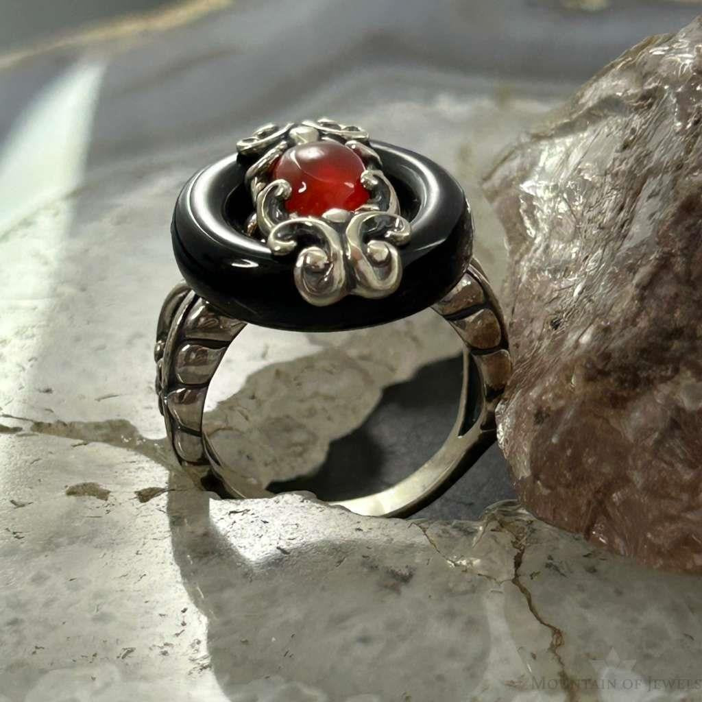 Carolyn Pollack Sterling Silver Black Agate & Carnelian Ring Size 8.25 For Women