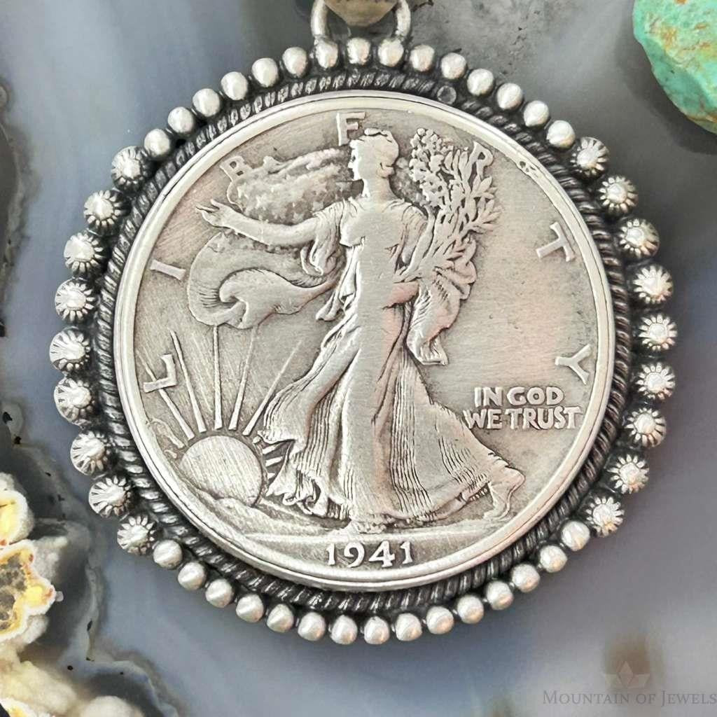 Genuine 90% Silver 1941 US Walking Liberty Half Dollar Decorated Unisex Pendant