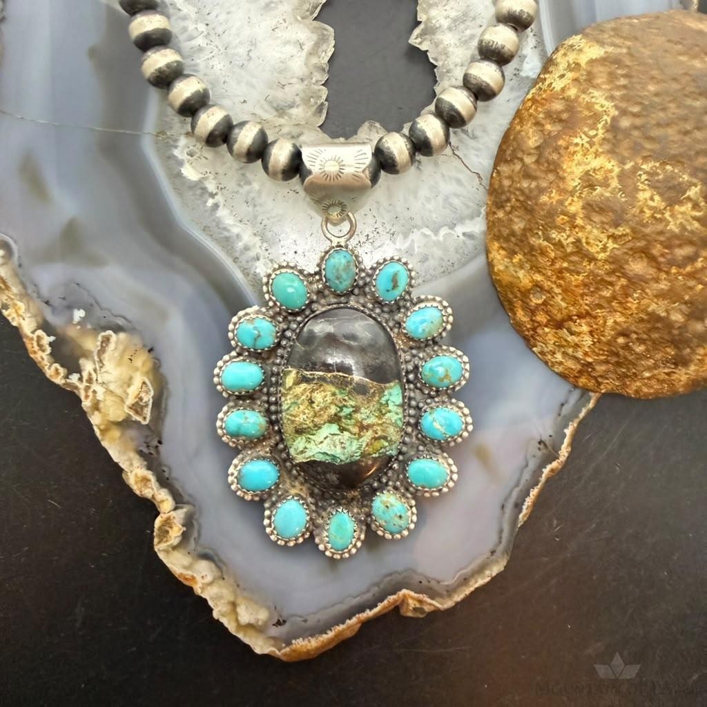 Sterling Silver Southwestern Style Blackjack & Kingman Turquoise Pendant For Women