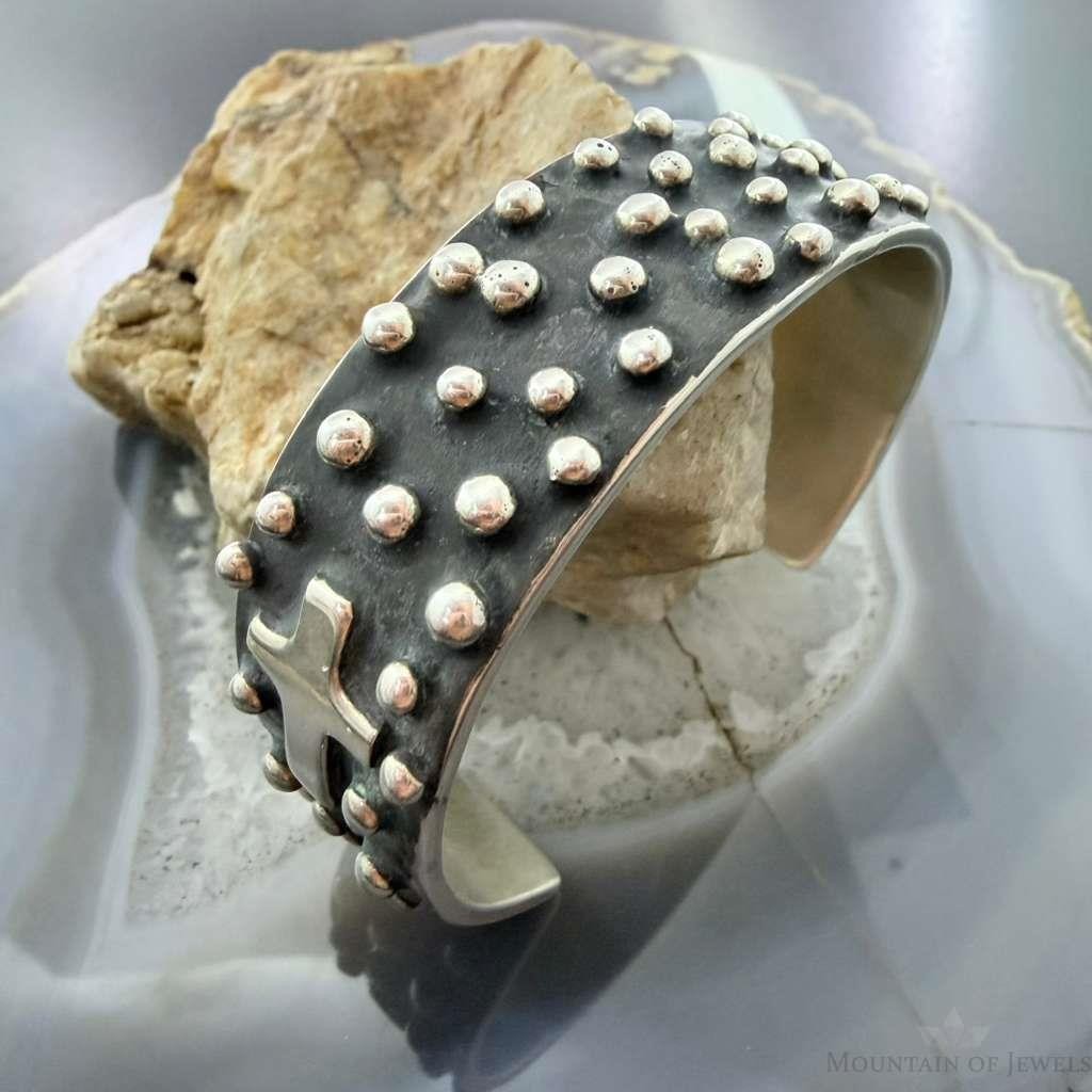 Signed Native American Sterling Balls and Crosses Oxidized Bracelet For Women