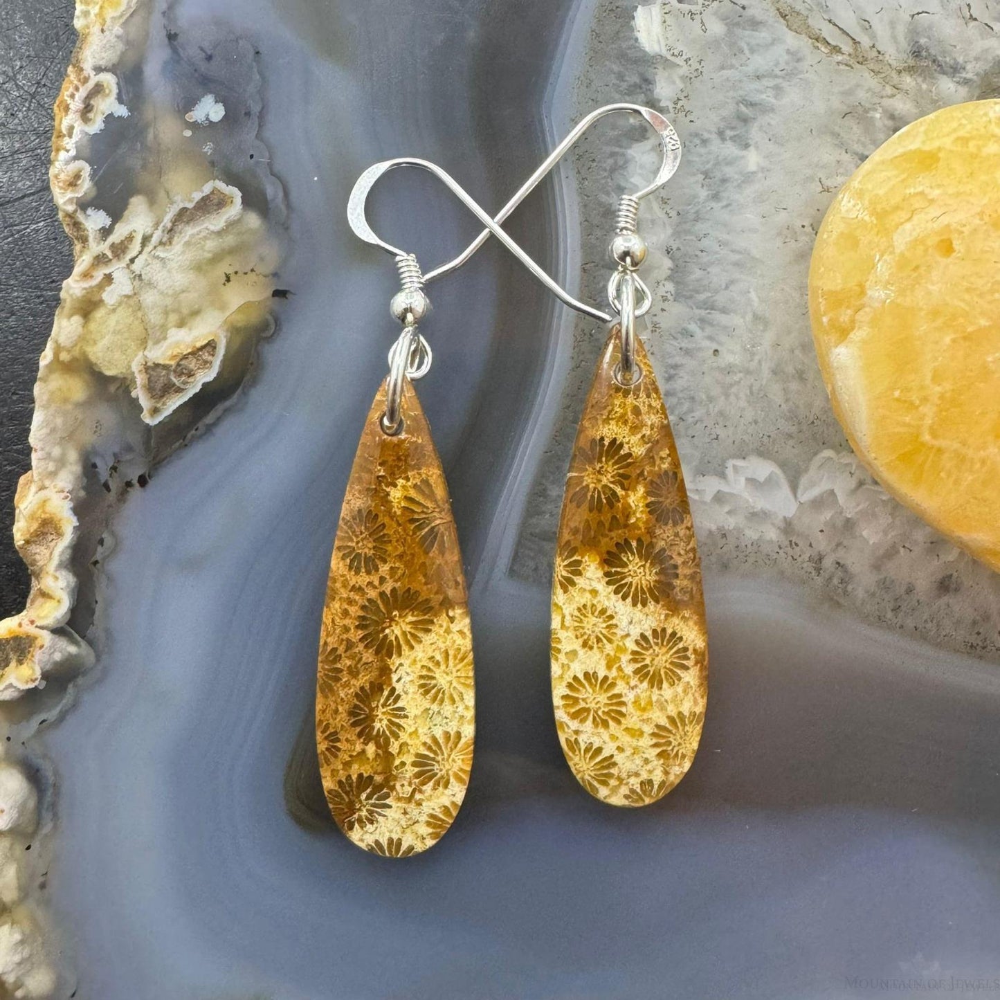 Sterling Silver Elongated Teardrop Fossilized Jasper Slab Dangle Earrings For Women #203