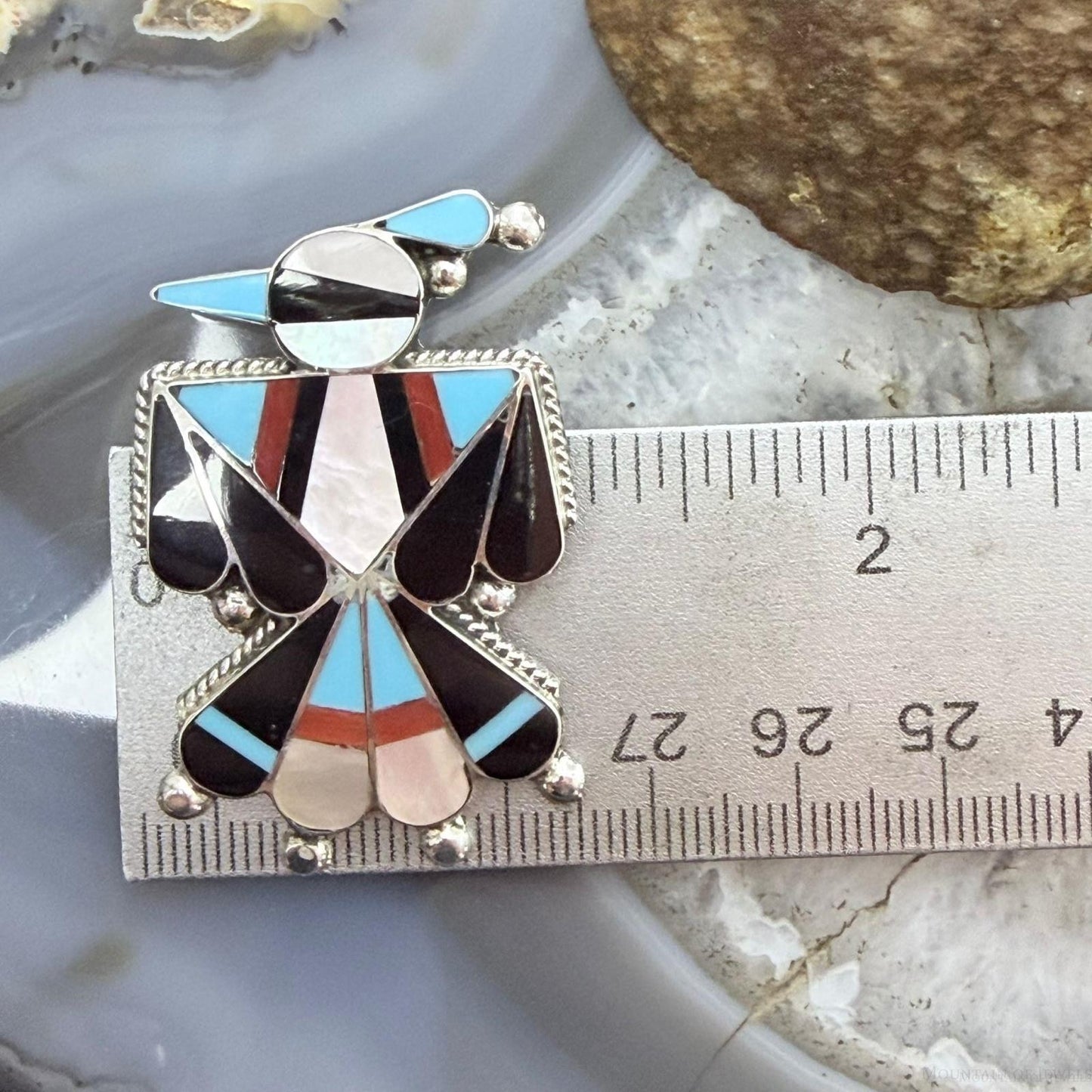 Signed Native American Sterling Silver Multi-Stone Inlay Thunderbird Unisex Pendant/Brooch