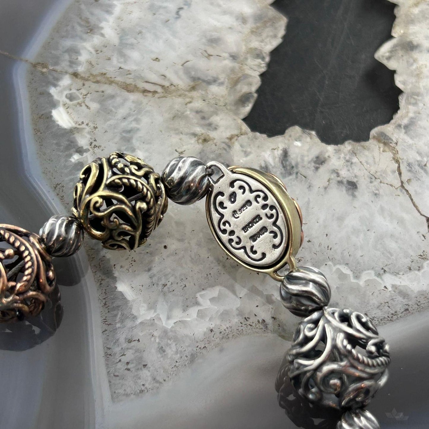 Carolyn Pollack Sterling Silver, Brass, Copper Decorated Swirl Beads Bracelet For Women