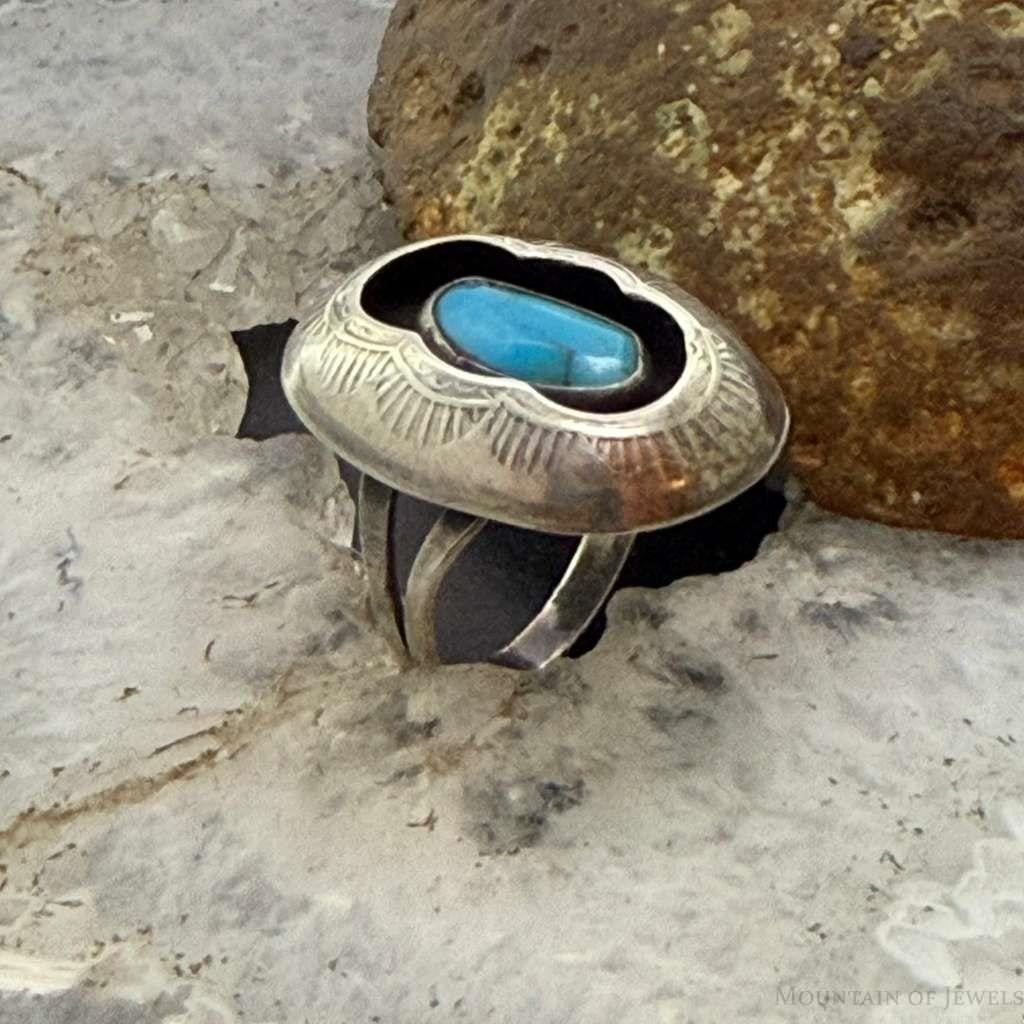 Vinatge Native American Silver Turquoise Shadow Box Ring Size 6.25 For Women