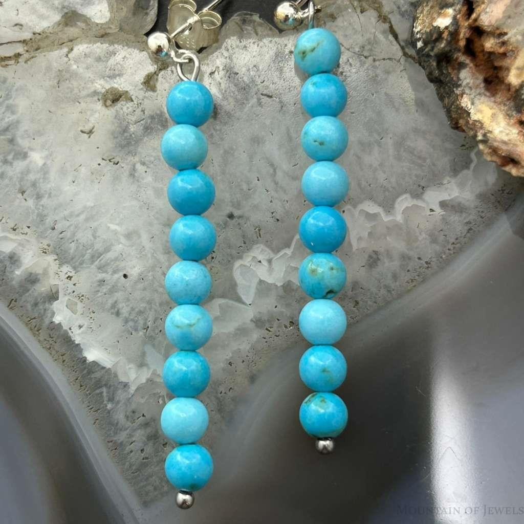Sterling Silver 9 Rounded Turquoise Beads Long Dangle Earrings For Women