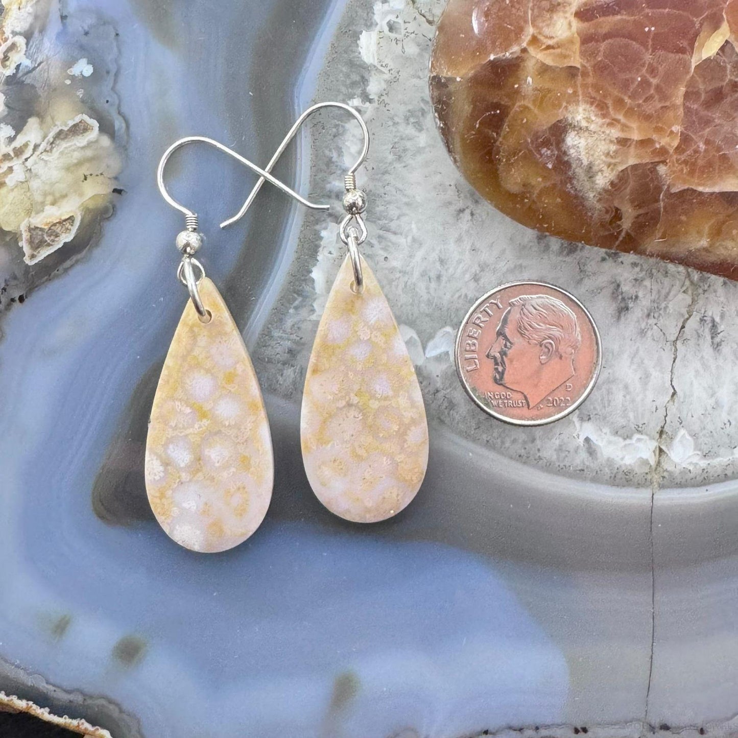 Sterling Silver Teardrop Fossilized Coral Slab Dangle Earrings For Women #129