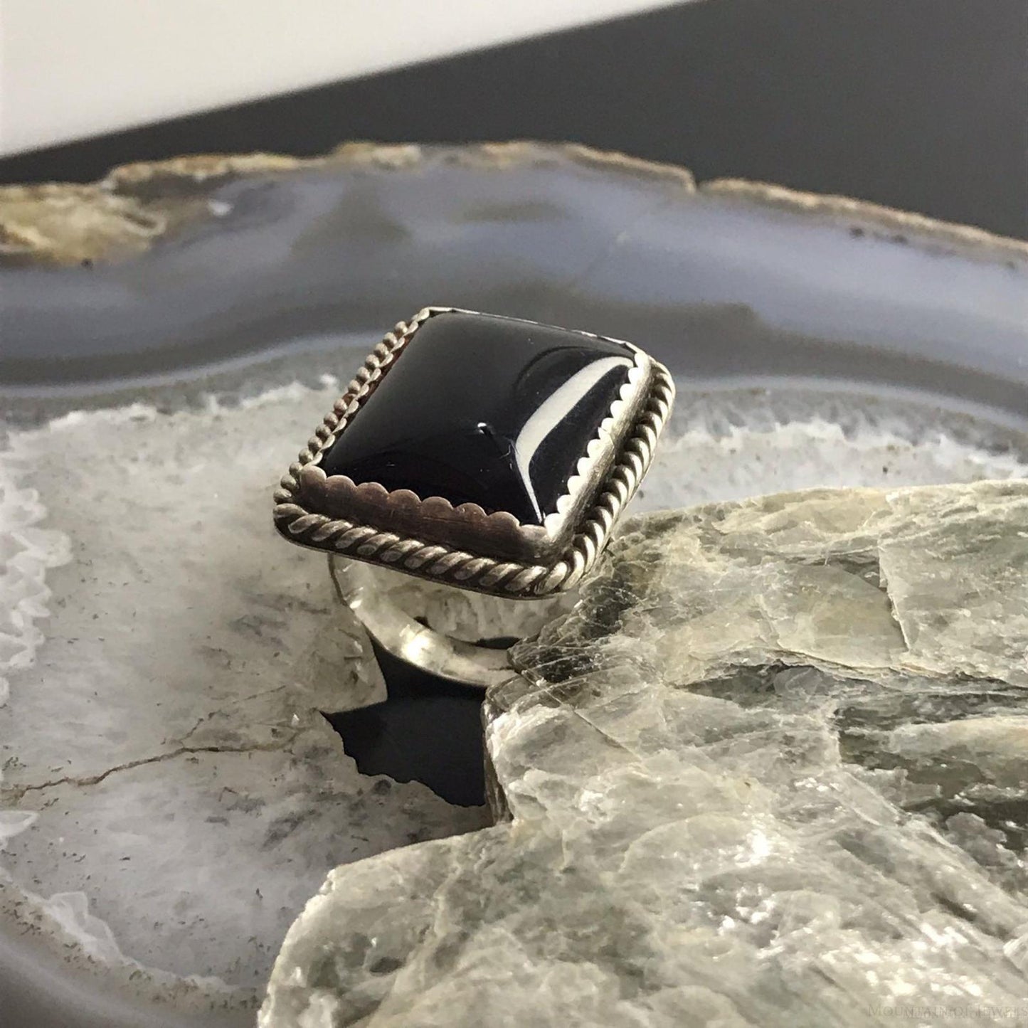 Vintage Native American Silver Rectangle Onyx Split Shank Ring Size 9 For Women