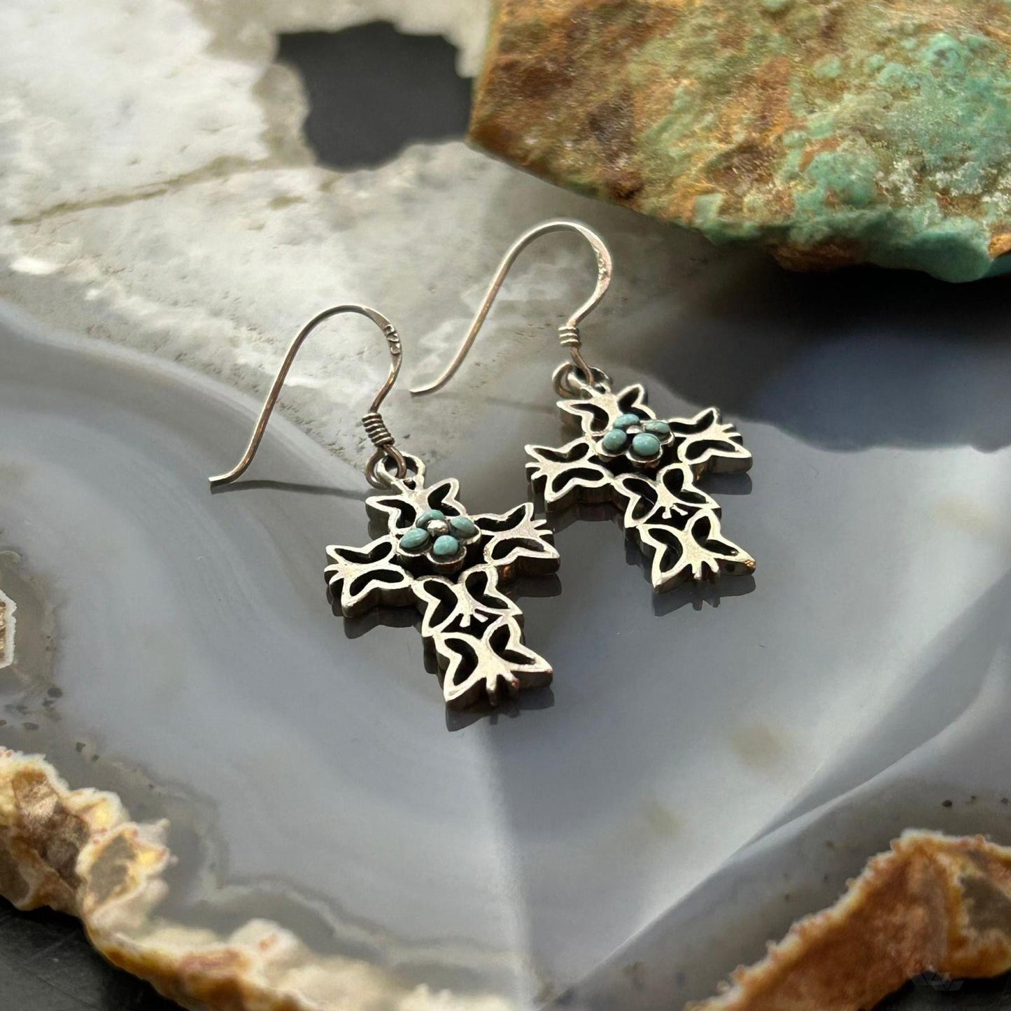 Sterling Silver Southwestern Style Turquoise Cross Dangle Earrings For Women