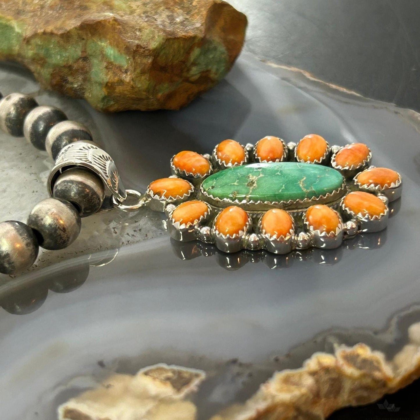 Sterling Silver Southwestern Spiny Oyster & Emerald Valley Turquoise Cluster Pendant For Women