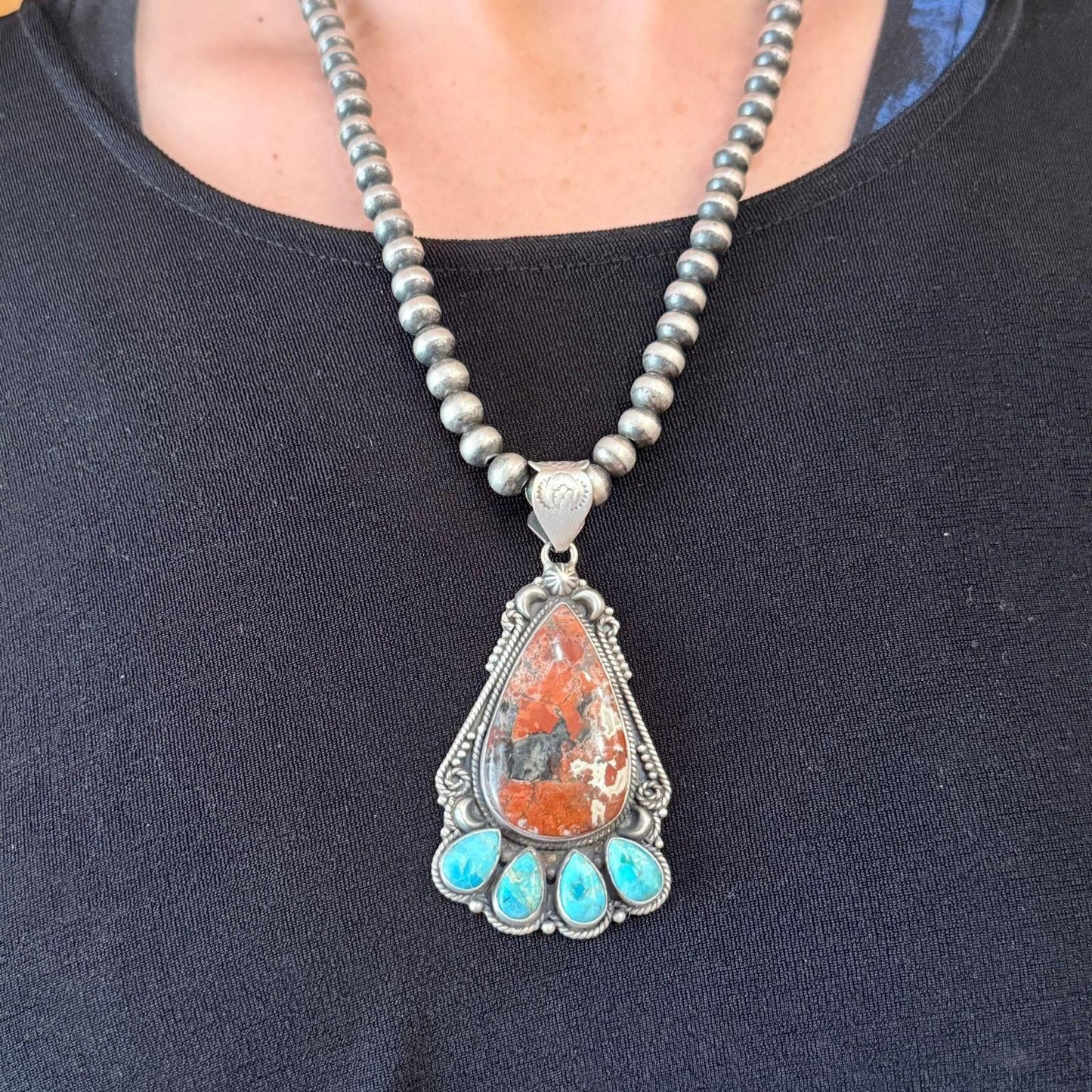 Sterling Silver Southwestern Style Large Red Creek & Mohave Turquoise Pendant For Women