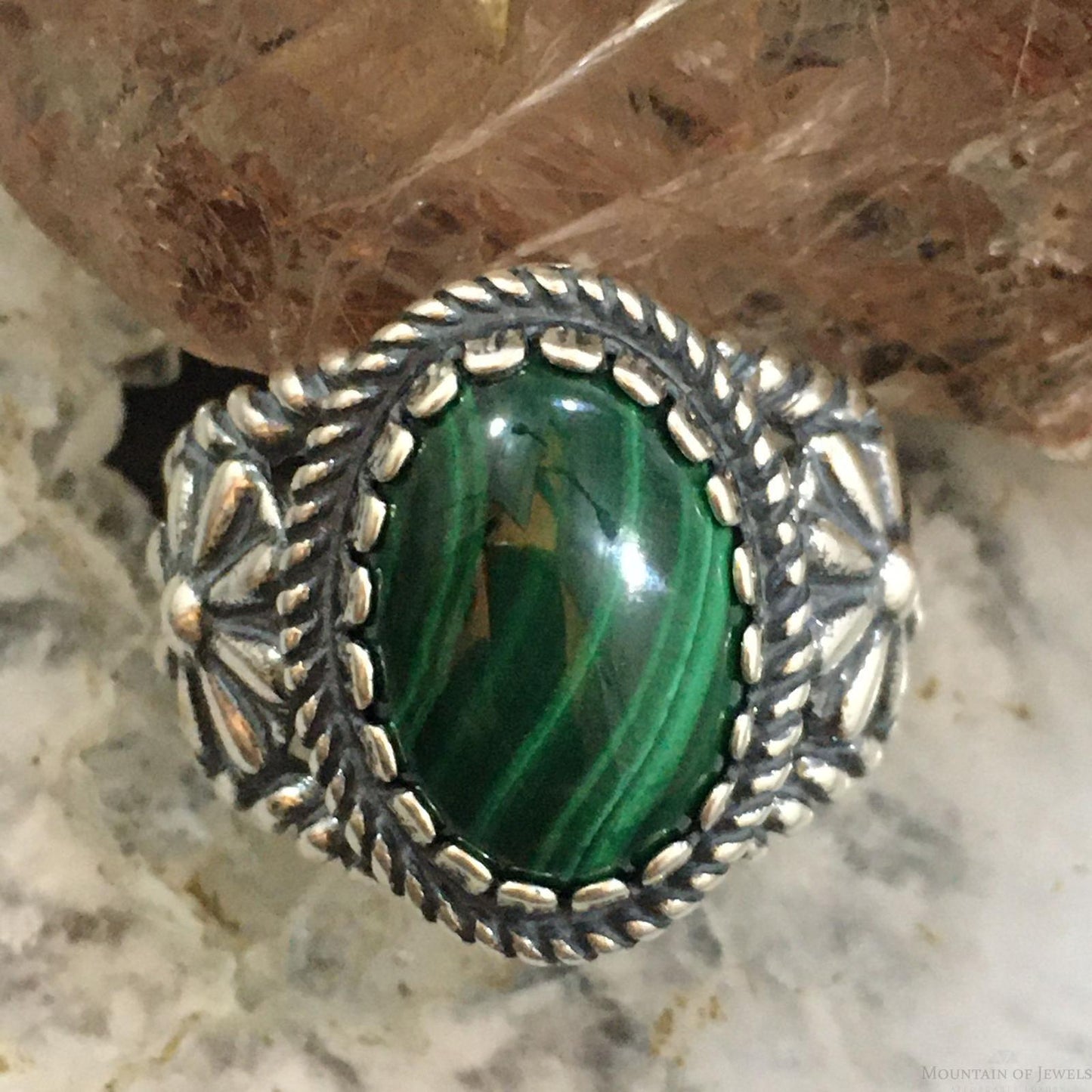 Carolyn Pollack Vintage Southwestern Style Sterling Silver Oval Malachite Decorated Ring For Women