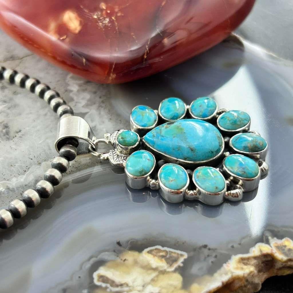 Sterling Silver Southwestern Style Mohave Turquoise Cluster Pendant For Women #1