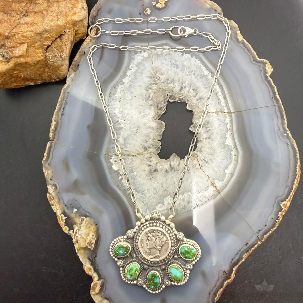 Sterling Silver Southwestern Style 1944 Mercury Dime & Sonora Gold Turquoise Necklace For Women