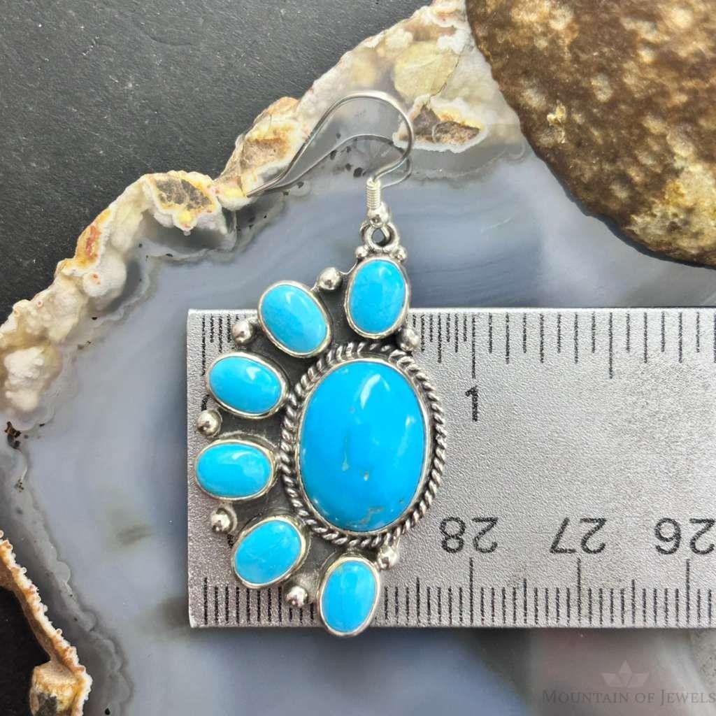 Native American Sterling Silver Turquoise Cluster Dangle Earrings For Women