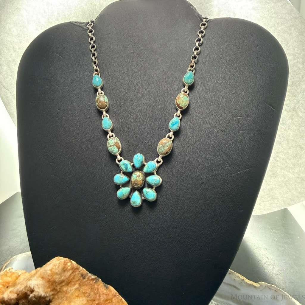 Sterling Silver Southwestern Style Turquoise 20" Cluster Necklace For Women