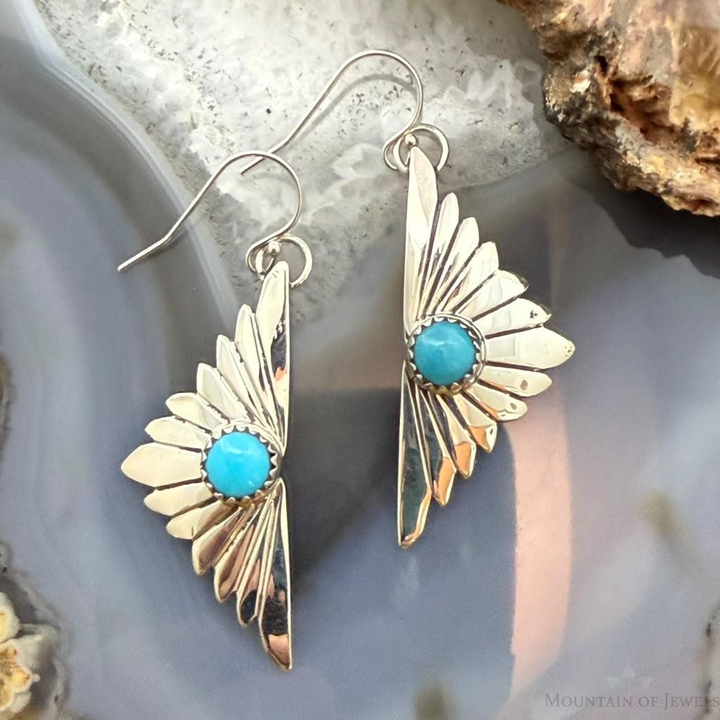 Michael Nez Navajo Sterling Silver Rounded Turquoise Cloud Dangle Earrings For Women