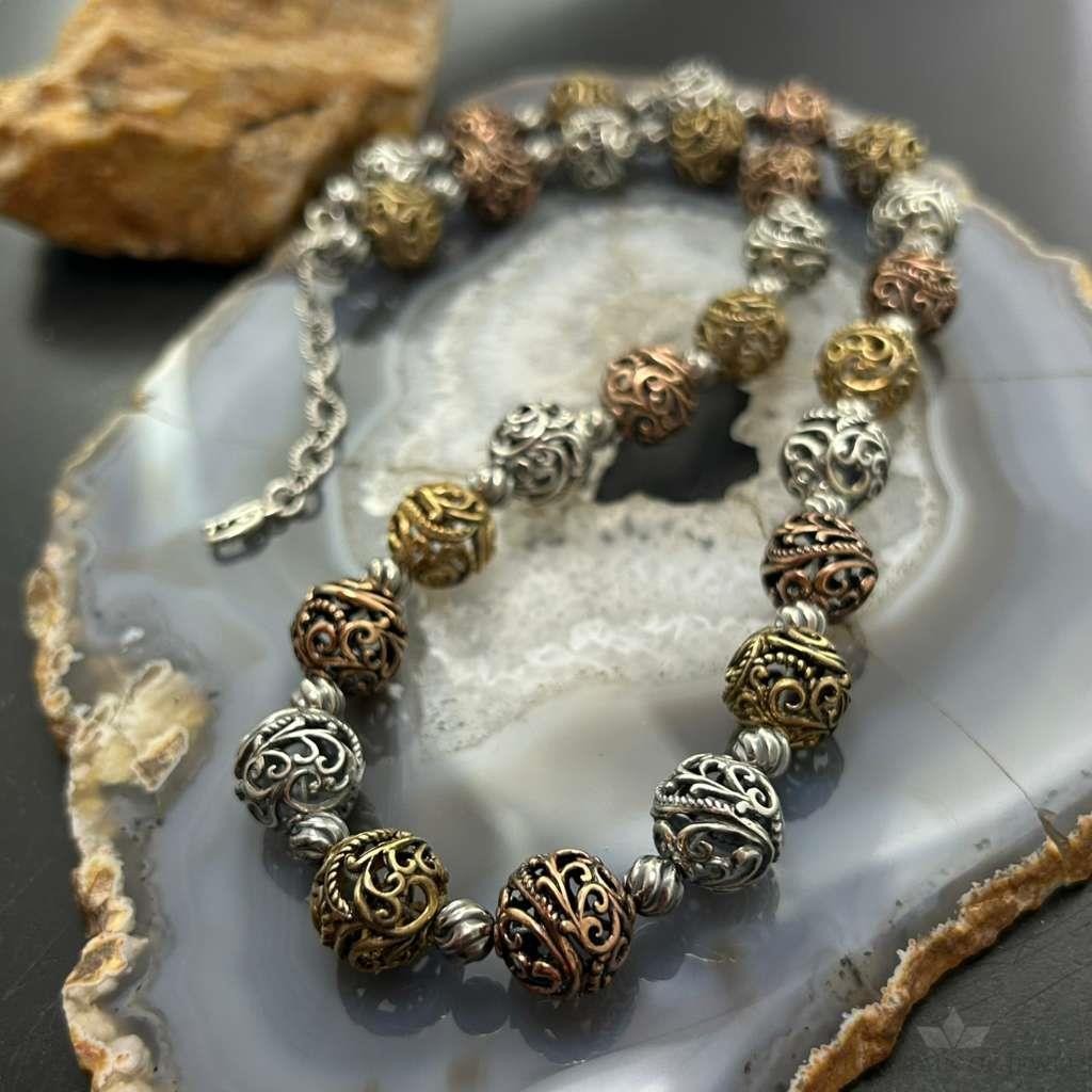 Carolyn Pollack Sterling Silver & Brass Swirl Hollow Beaded Necklace For Women