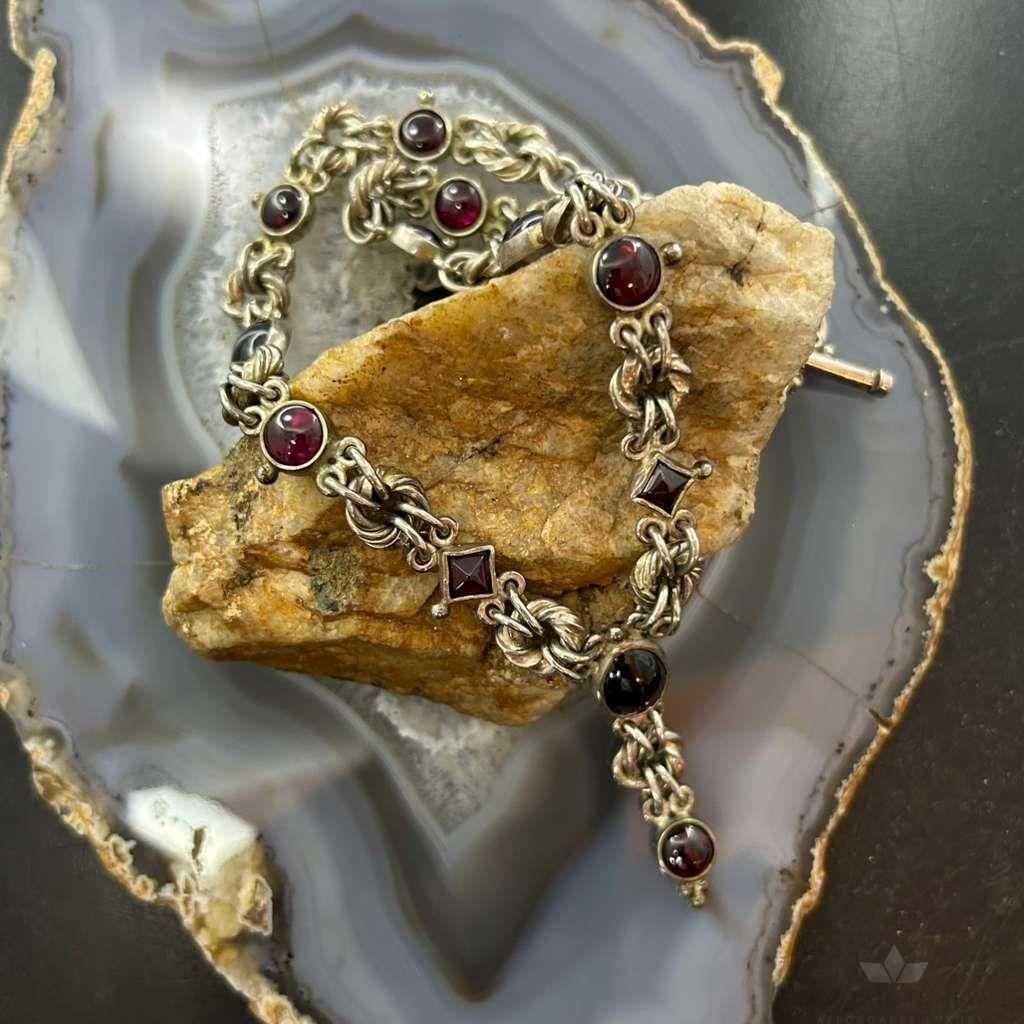 Signed Andes Miner Silver Garnet 20" Toggle Clasp Necklace For Women