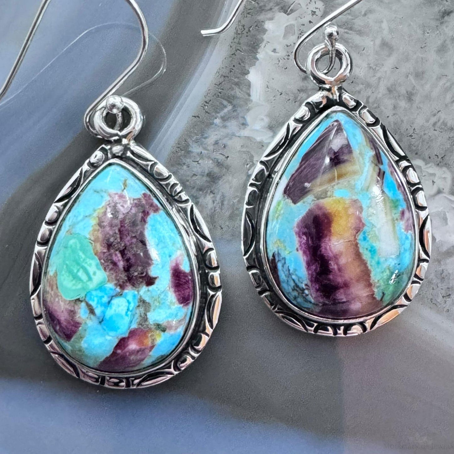 Native American Sterling Silver Turquoise & Spiny Oyster Composite Dangle Earrings For Women #1