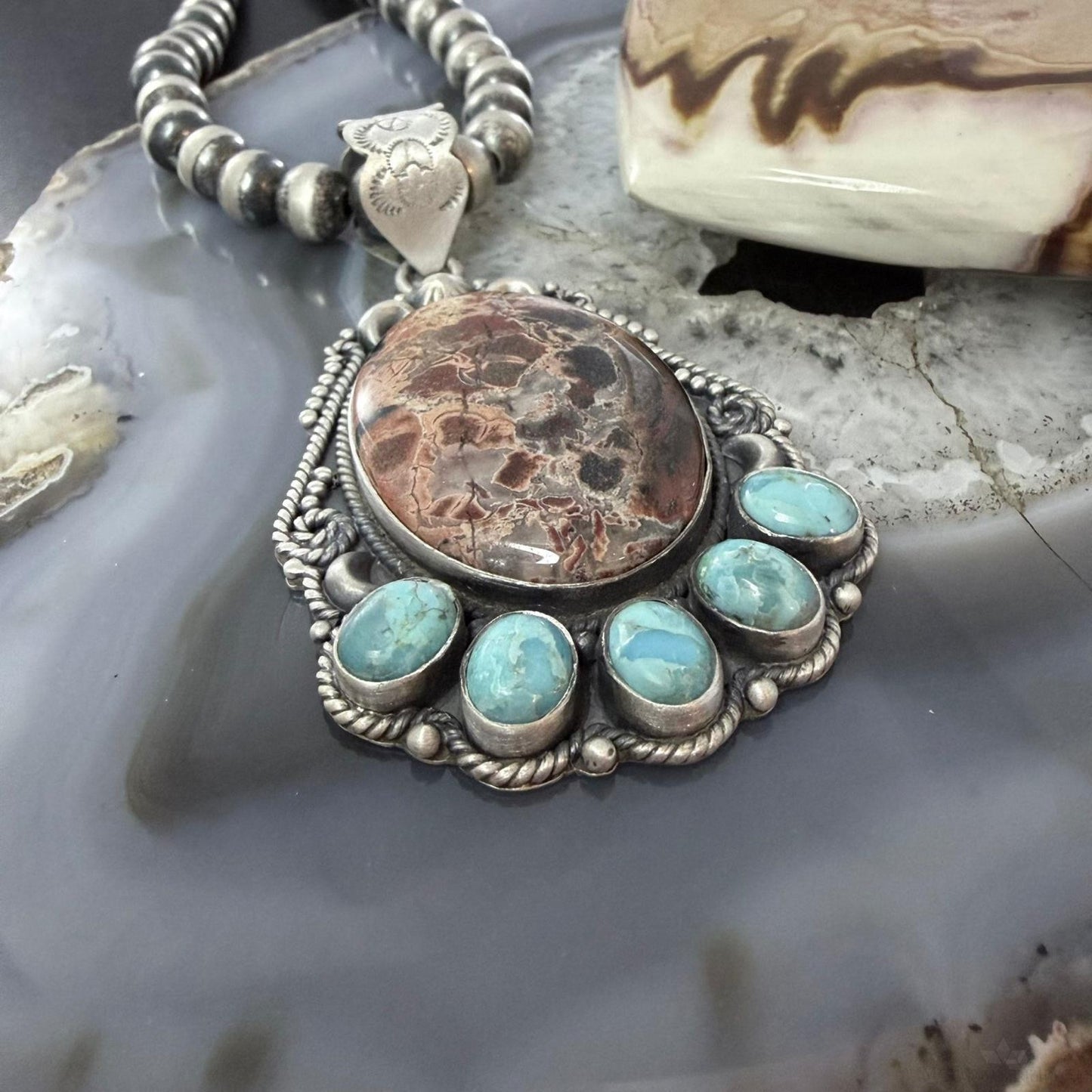 Sterling Silver Southwestern Style Oval Red Creek & Mohave Turquoise Pendant For Women