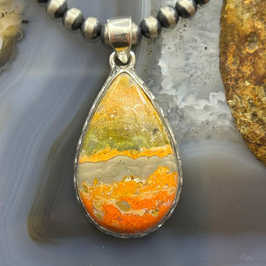 Sterling Southwestern Style Wide Teardrop Bumblebee Jasper Decorated Pendant