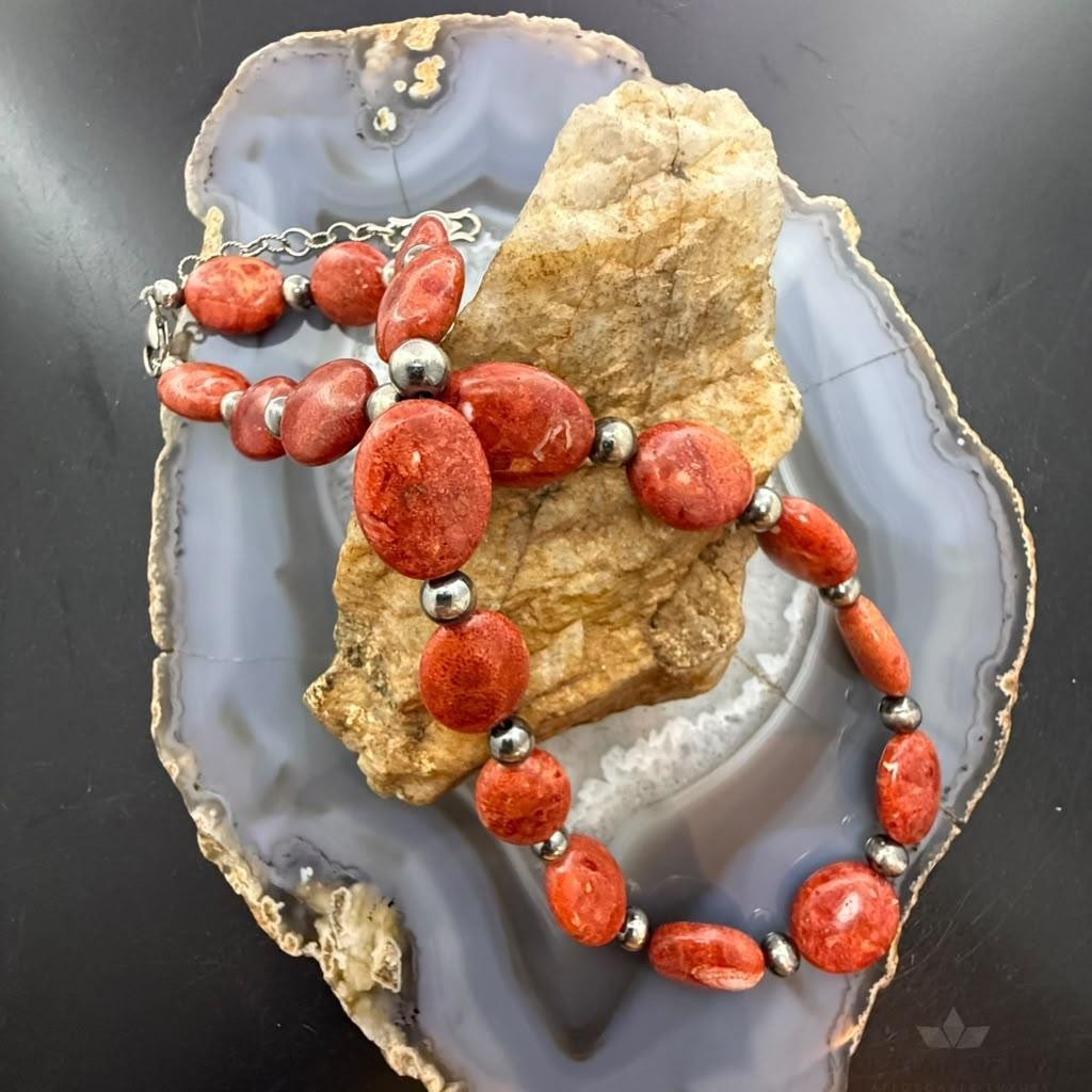Carolyn Pollack Sterling Silver Oval Coral Beads 17"-20" Necklace For Women